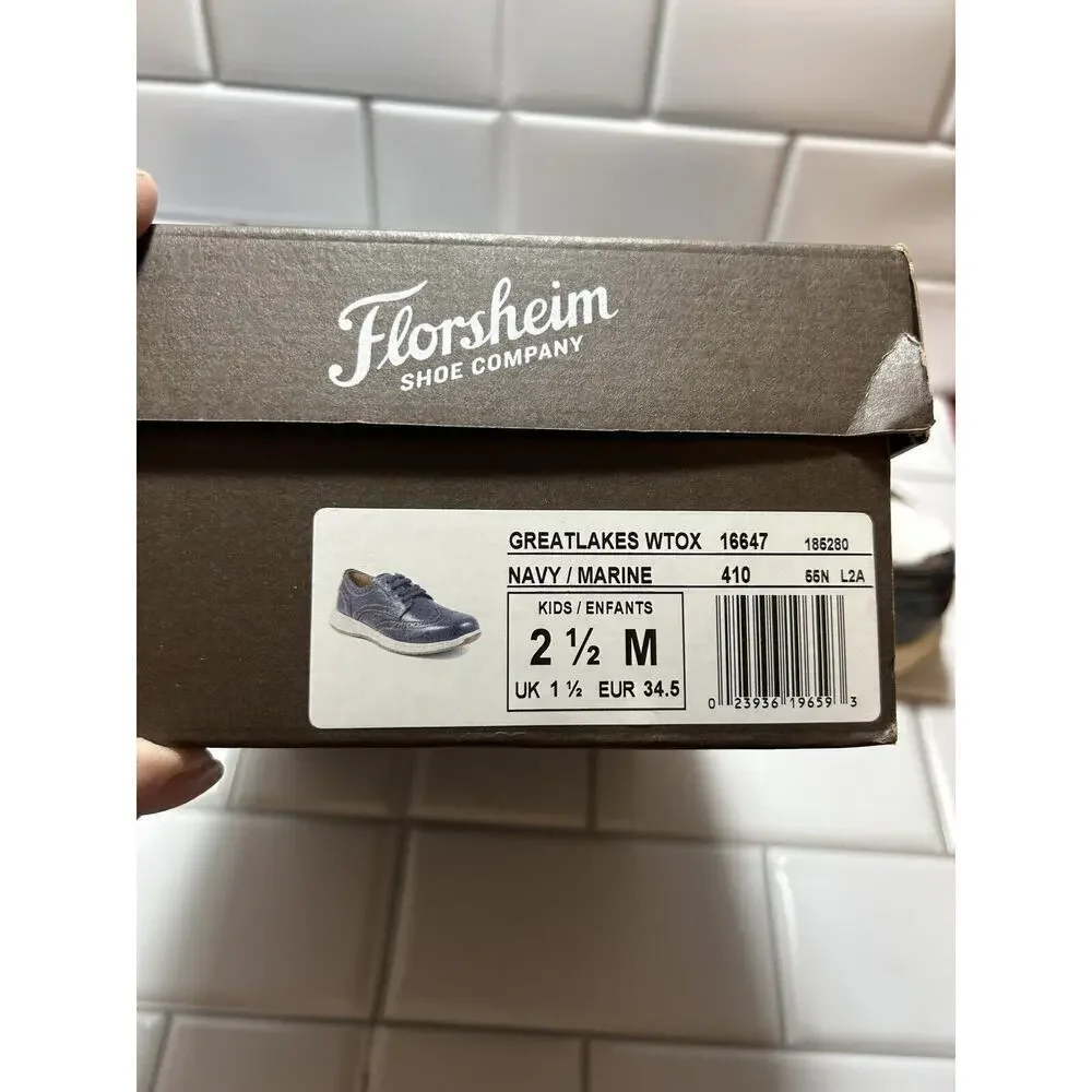 Florsheim Kids Great Lakes Jr Wingtip Oxfords Boys Size 2 1/2 M Navy Blue Laces
